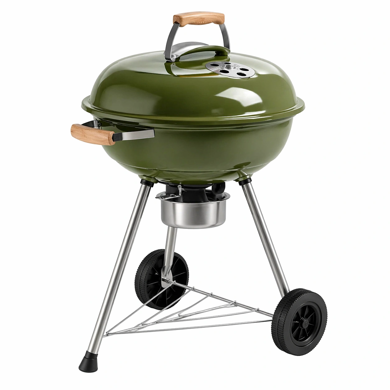 Holzkohle Kugelgrill mit Deckel und Thermometer, Mobiler BBQ Grillwagen mit Holzgriff und Aschebehalter, Garten Grill auf Rollen-ardvion