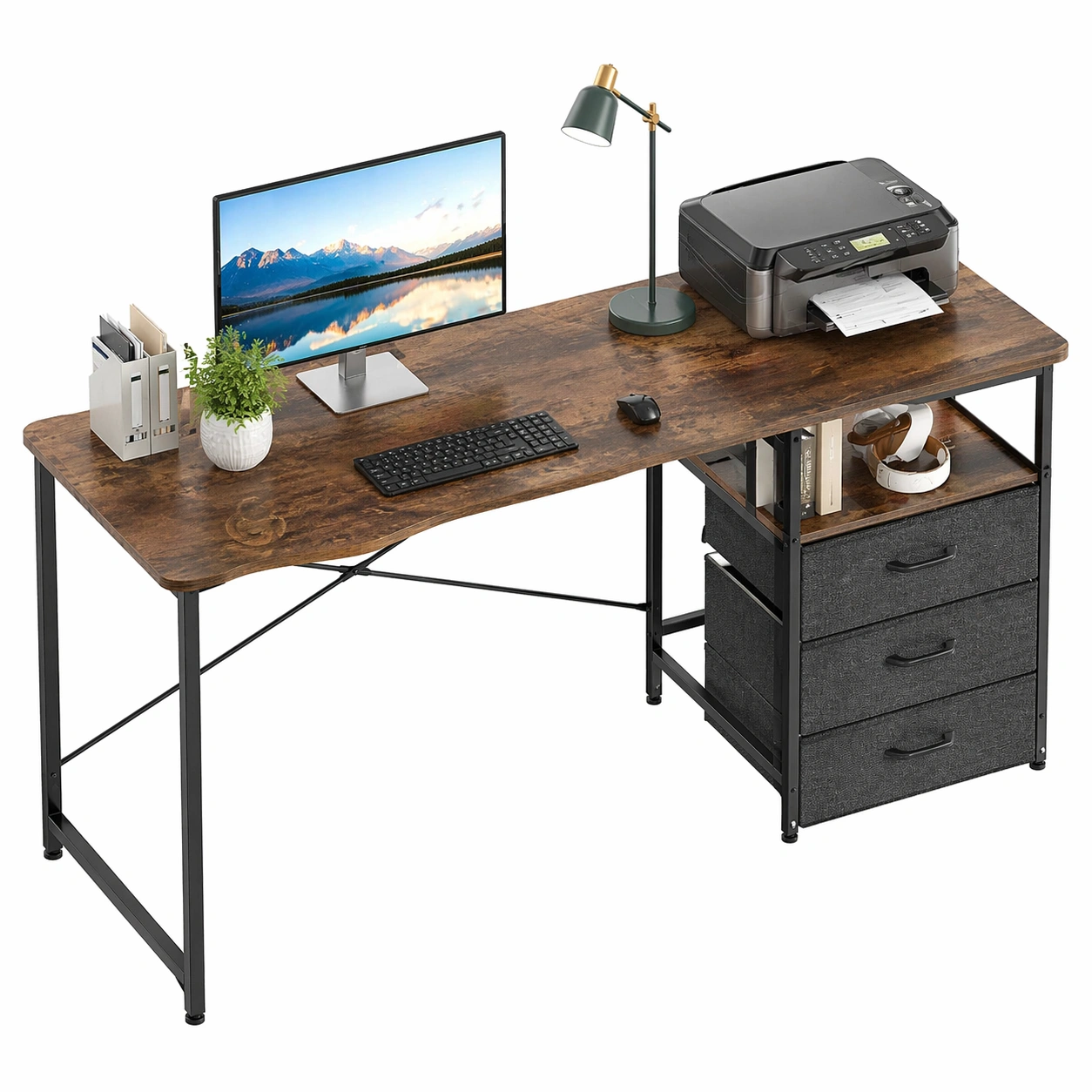 Moderner Schreibtisch mit 3 Stoffschubladen Reversibel Computertisch mit Ablage und Metallgestell fuer Home Office-ardvion