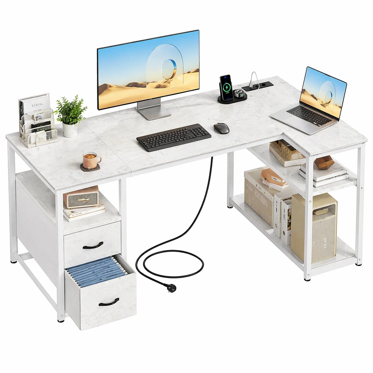 L Form Schreibtisch mit 2 Schubladen und Ablage, Moderner Computer Eckschreibtisch mit Stauraum, Home Office Tisch Gross-ardvion