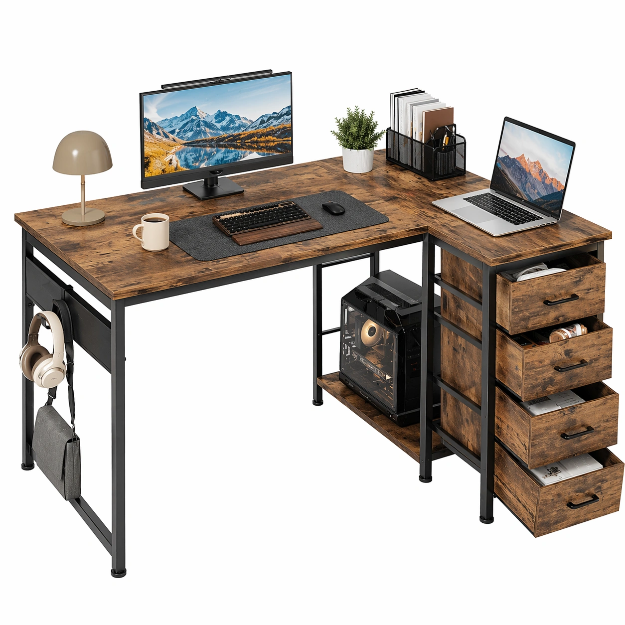 L Form Eckschreibtisch mit Schubladen und Stauraum 120 x 70 cm Weiss Holzoptik-ardvion