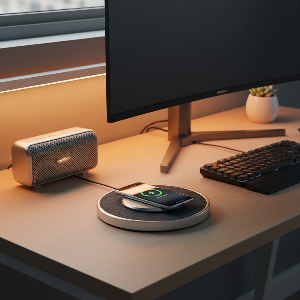 Modern desk setup with wireless charger and bluetooth speaker