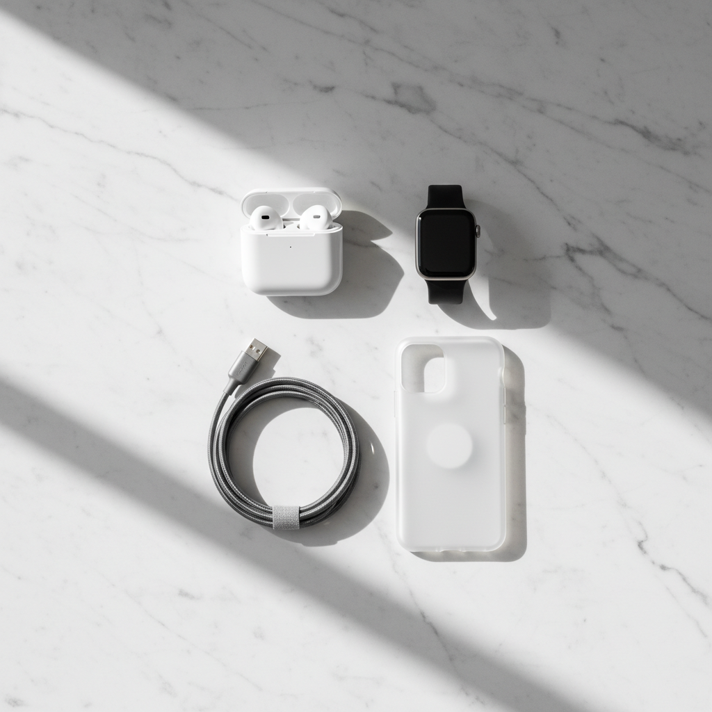 Tech accessories flat lay - earbuds, smartwatch, charging cable, phone case