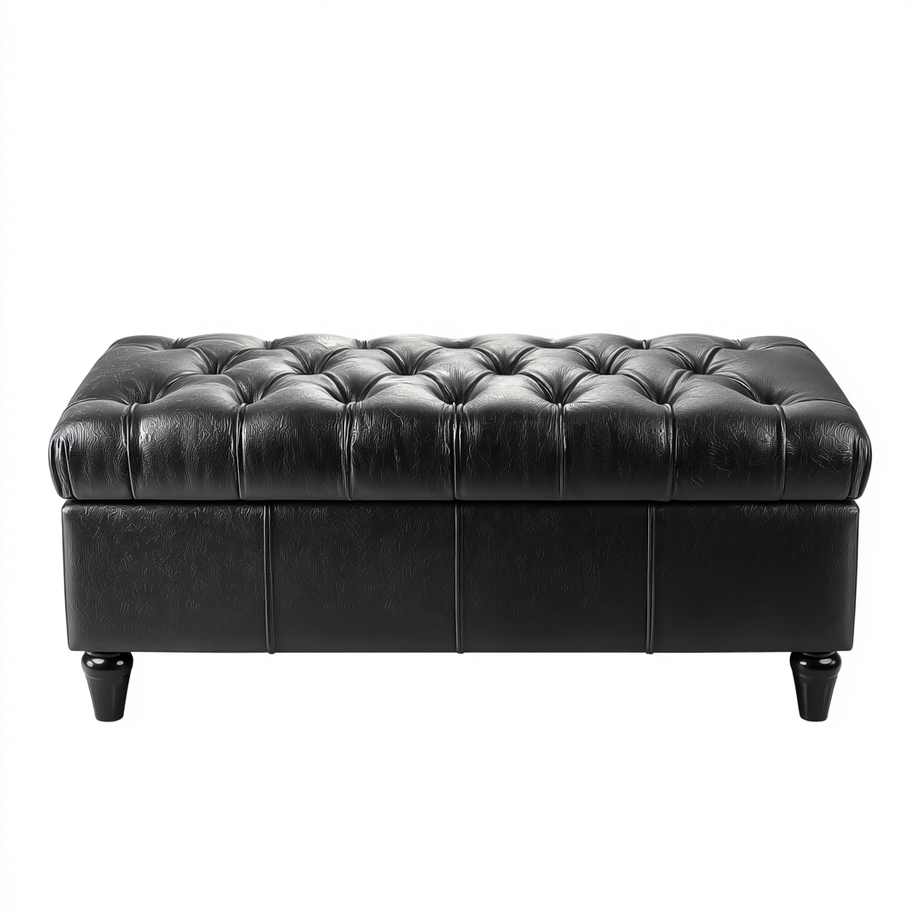 Ławka tapicerowana z pojemnikiem 90x40x45 cm - czarna skóra - styl klasyczny, odpowiednia do przedpokoju-Losaroom