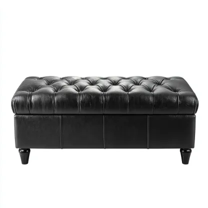 Ławka tapicerowana z pojemnikiem 90x40x45 cm - czarna skóra - styl klasyczny, odpowiednia do przedpokoju-Losaroom