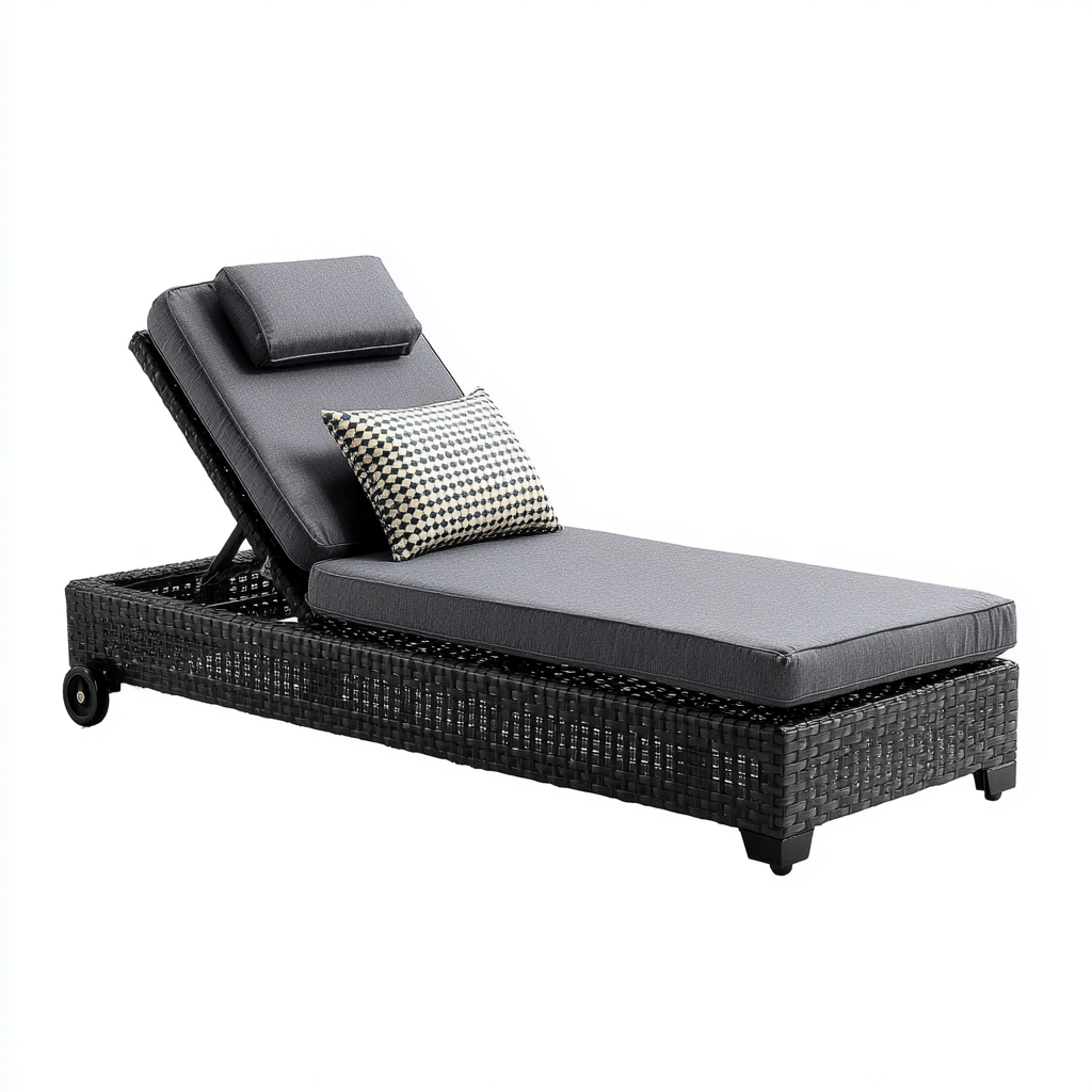 Leżak ogrodowy z technorattanu i tkaniny 190x80x90 cm - czarny - szary - do ogrodu na zewnątrz styl elegancki-Losaroom