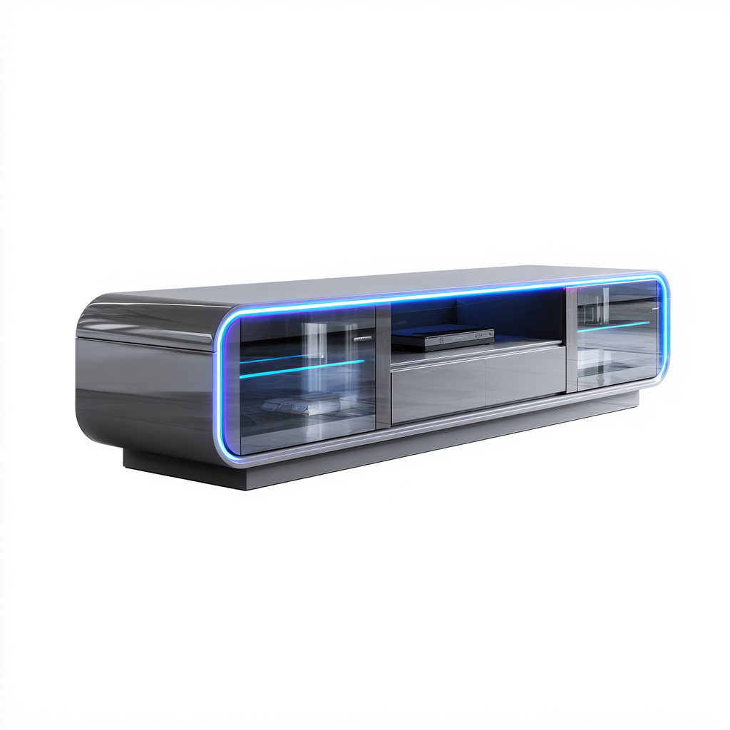 Szafka RTV ze szkła i płyty meblowej 160x40x55 cm - szary połysk z oświetleniem LED - do salonu futurystyczny design z zaokrąglonymi krawędziami-Losaroom