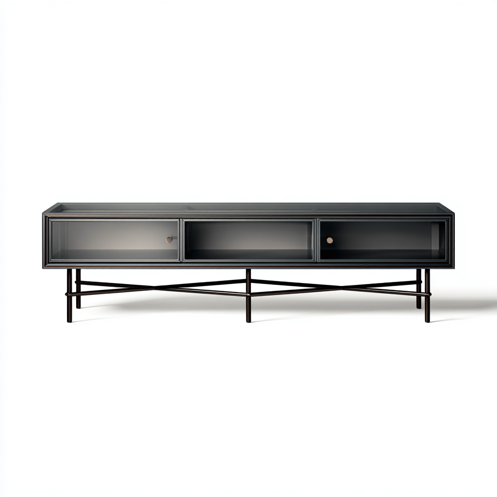 Szafka RTV ze szkła i metalu 160x40x55 cm - ciemnoszara - do salonu nowoczesny design z przeszklonym frontem-Losaroom