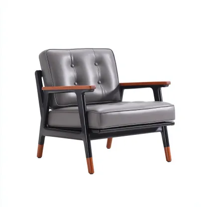 Fotel ze skóry ekologicznej z drewnianymi podłokietnikami 82x78x86 cm - szary - do salonu - styl retro-Losaroom