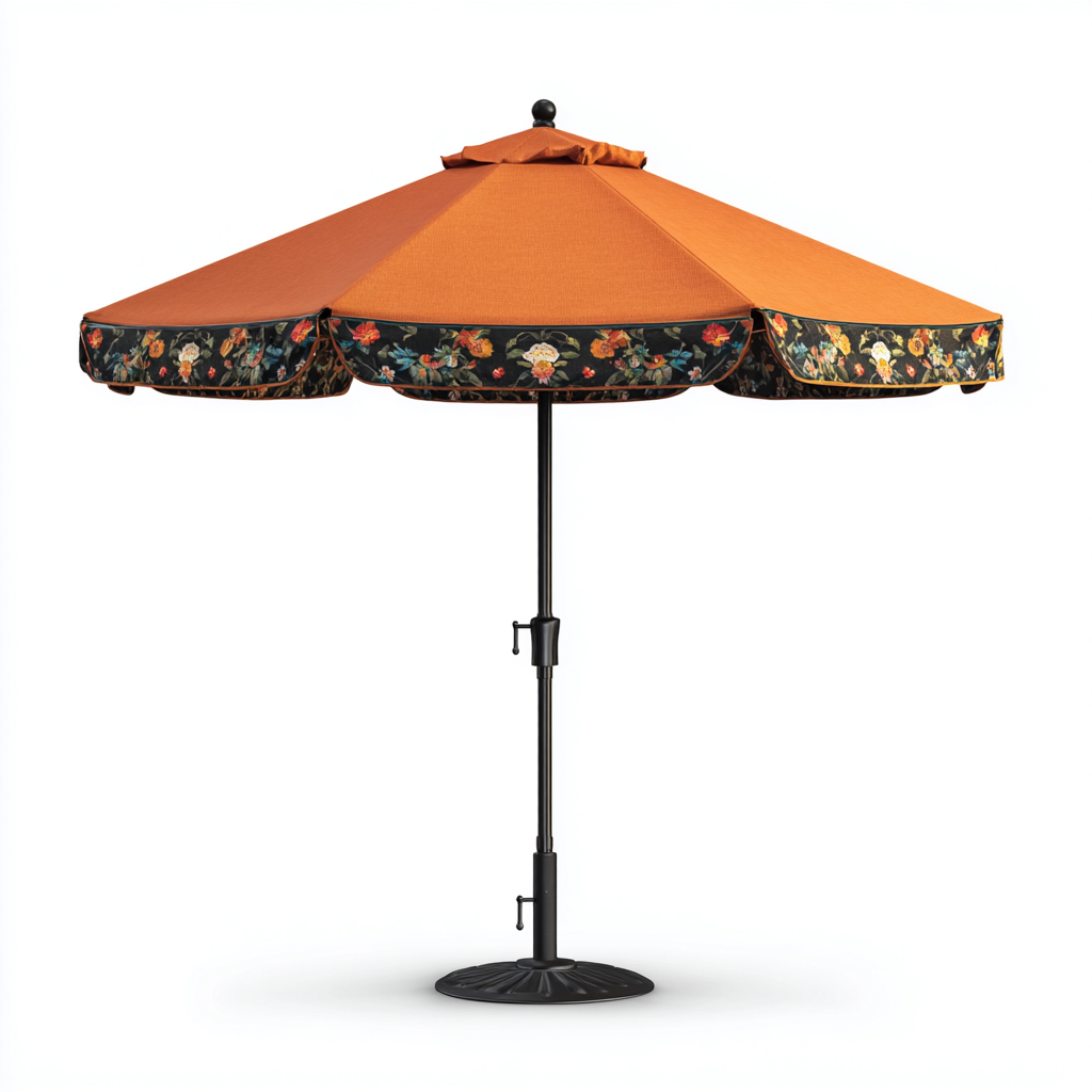 Parasole ogrodowe z aluminium 300x300x250 cm - pomarańczowy - kwiatowy wzór - z korbowym mechanizmem i ozdobną falbaną - styl boho - odpowiedni do ogrodu-Losaroom