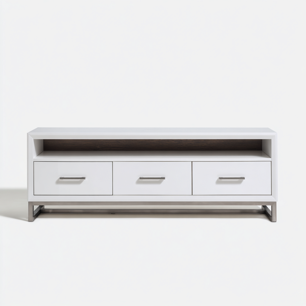 Szafka RTV z płyty meblowej 150x40x55 cm - biały połysk i szary - do salonu nowoczesny design z szufladami-Losaroom