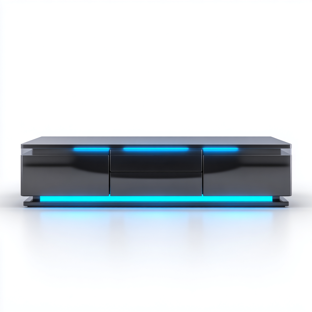 Szafka RTV z płyty meblowej 150x40x45 cm - czarny połysk - do salonu nowoczesny design z oświetleniem LED-Losaroom