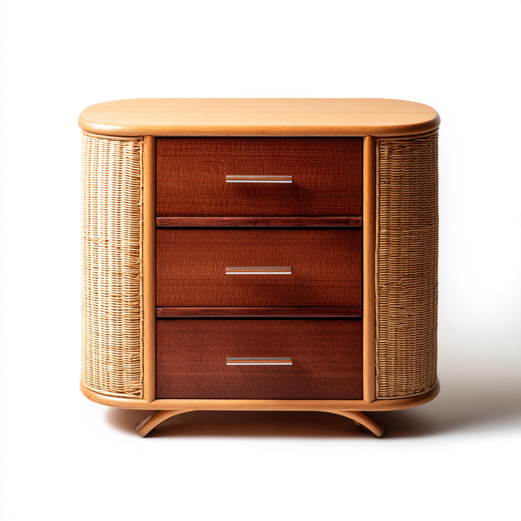 Komoda z rattanu i drewna 75x40x85 cm - brązowa - do salonu - styl boho-Losaroom