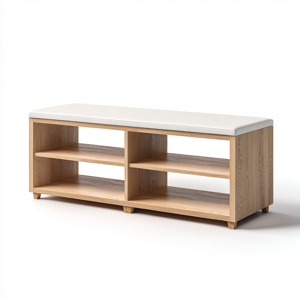 Ławka do przedpokoju z półkami i siedziskiem 90x35x45 cm - naturalne drewno z białym siedziskiem - styl skandynawski, odpowiednia do przedpokoju-Losaroom