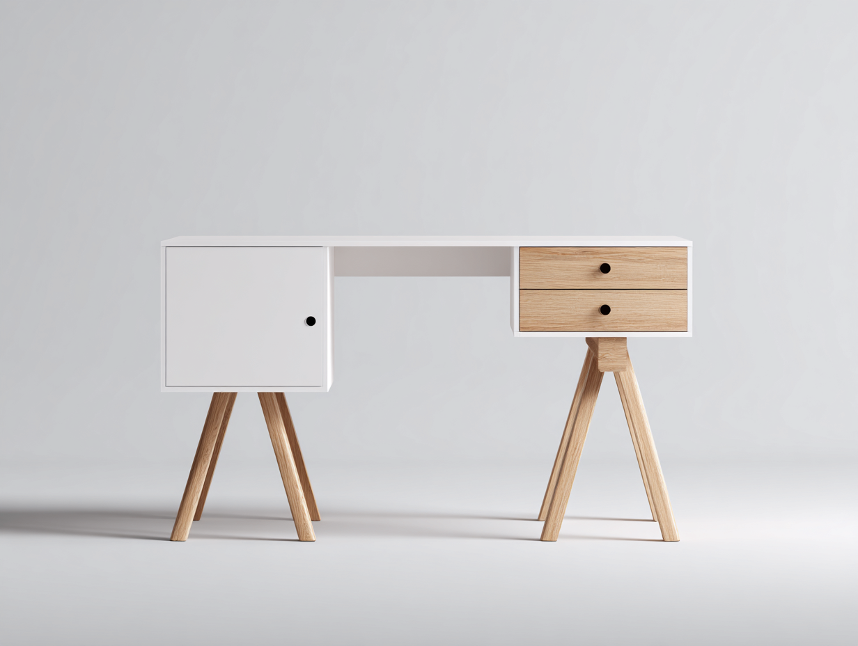 Scrivania con cassetti e anta 140x60x75 cm - bianco-legno naturale - design nordico per studio e ufficio-Zizosidecor