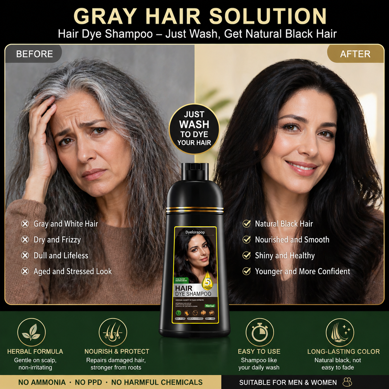 Hair Dye Shampoo for Women Black