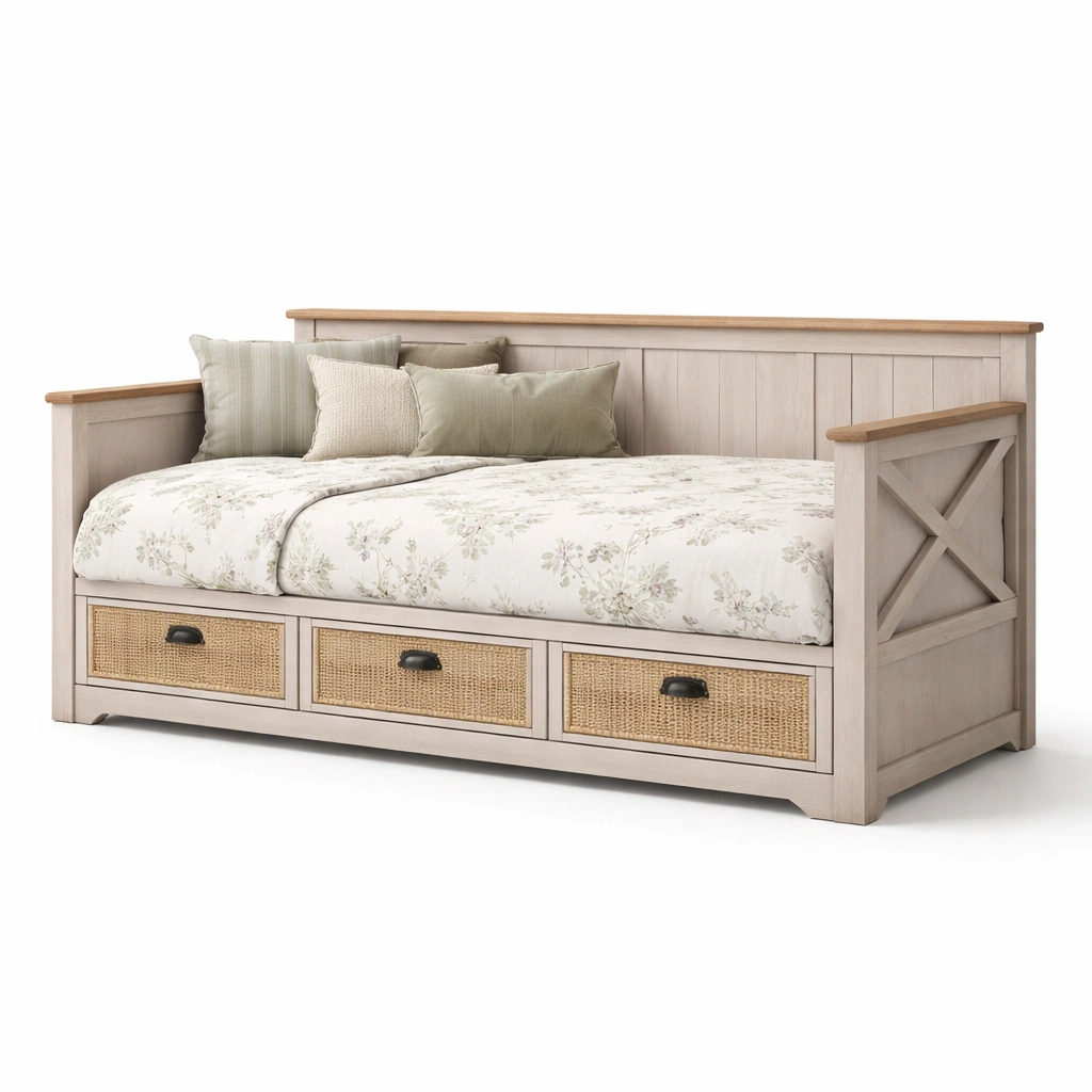 Tagesbett mit Rueckenlehne und Stauraum-relnira