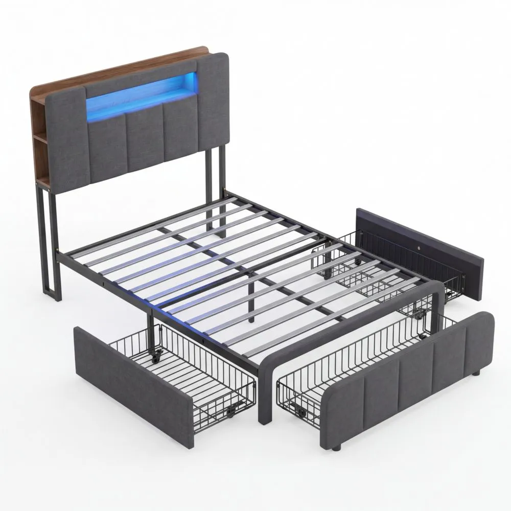 Einzelbett 90x200 cm mit Schubladen und LED-Beleuchtung