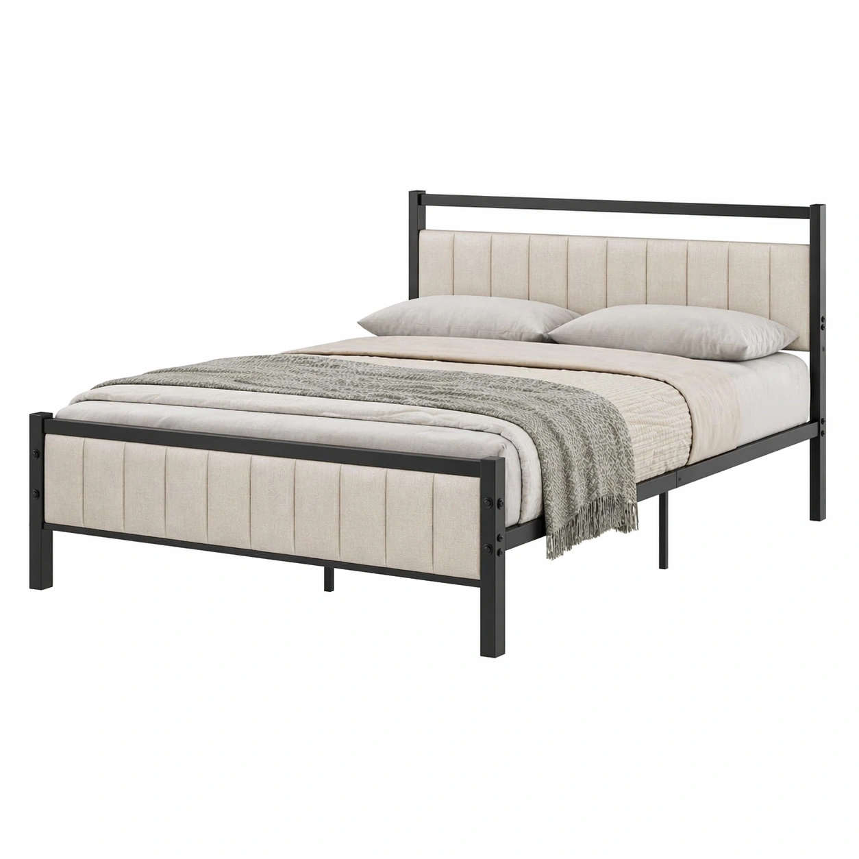 Doppelbett Metallgestell mit gepolstertem Kopfteil und Lattenrost, modernes Plattformbett mit Stauraum-MERQIRA