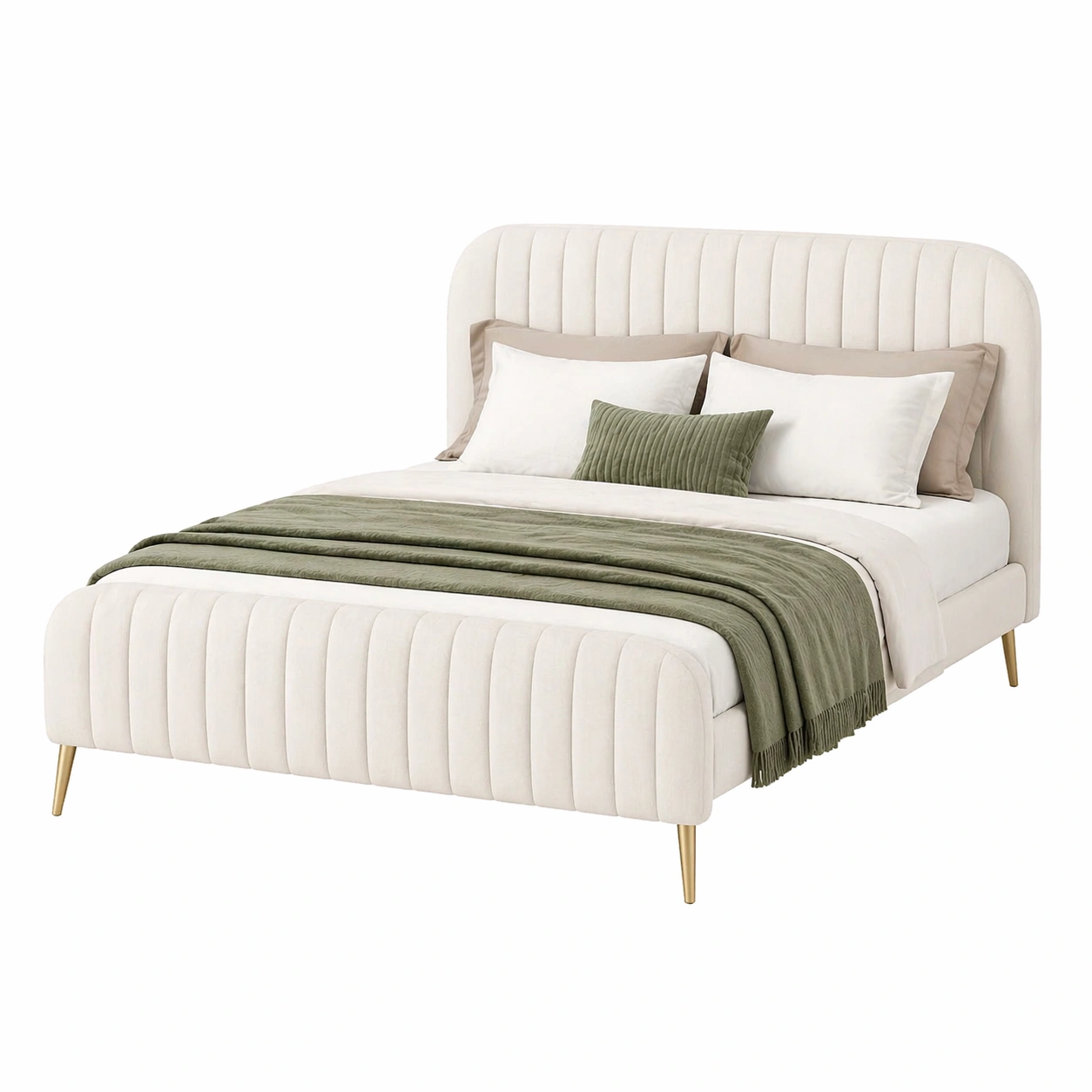 Gepolstertes Doppelbett 140x200 cm mit Lattenrost und Bettkasten, verstellbares Kopfteil, modernes Polsterbett in Cremebeige-MERQIRA