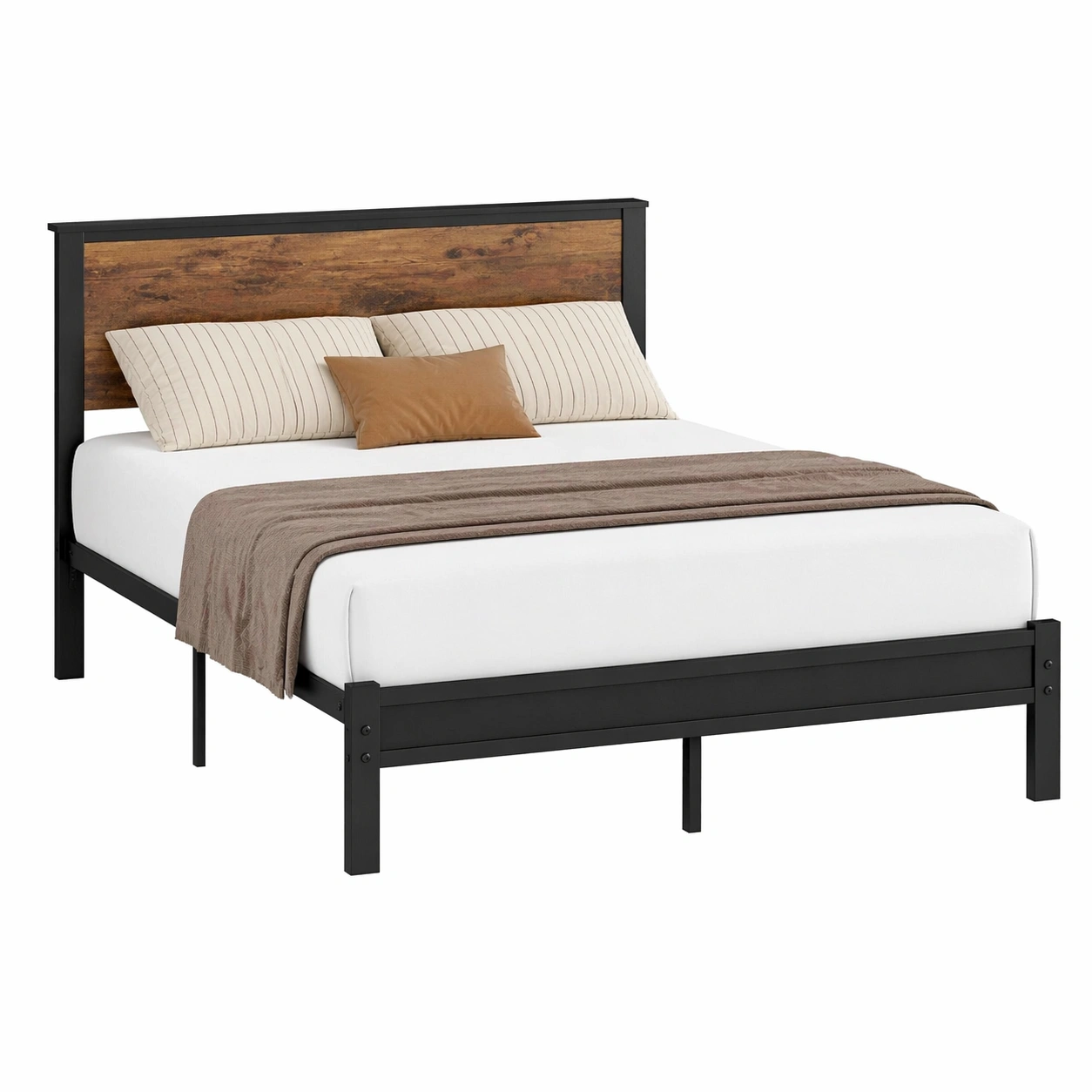 Metallbett mit Holz Kopfteil und Stauraumfunktion, Plattformbett ohne Lattenrost, Stabiler Bettrahmen, Modernes Design, Schwarz-MERQIRA