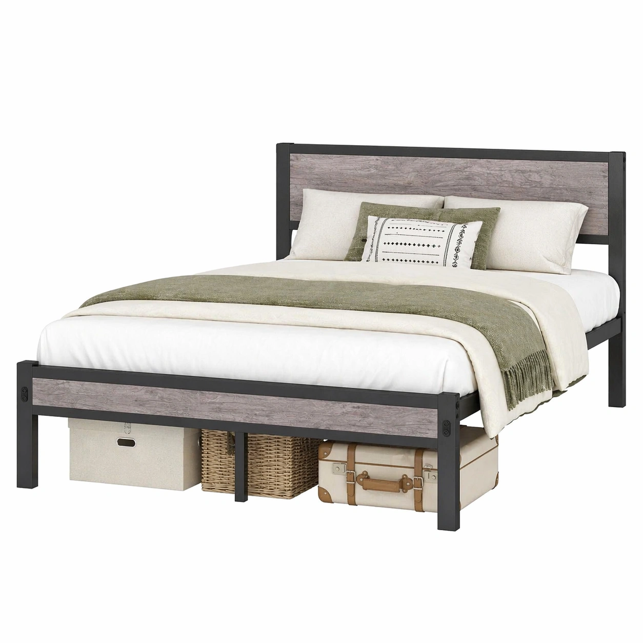 Modernes Doppelbett mit Holz Kopfteil und Stauraum Metallrahmen Stabil-MERQIRA