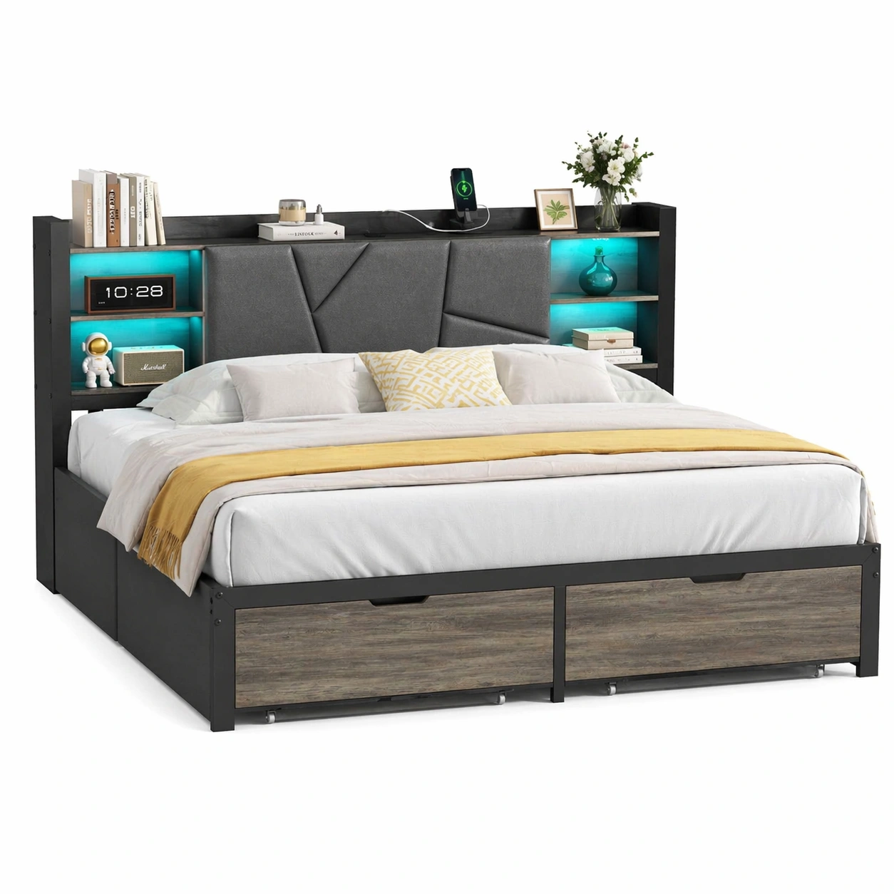 Modernes Doppelbett mit LED Stauraum Kopfteil, 2 Schubladen, USB Ladefunktion, Metall Lattenrost, gepolstert (Full)-MERQIRA