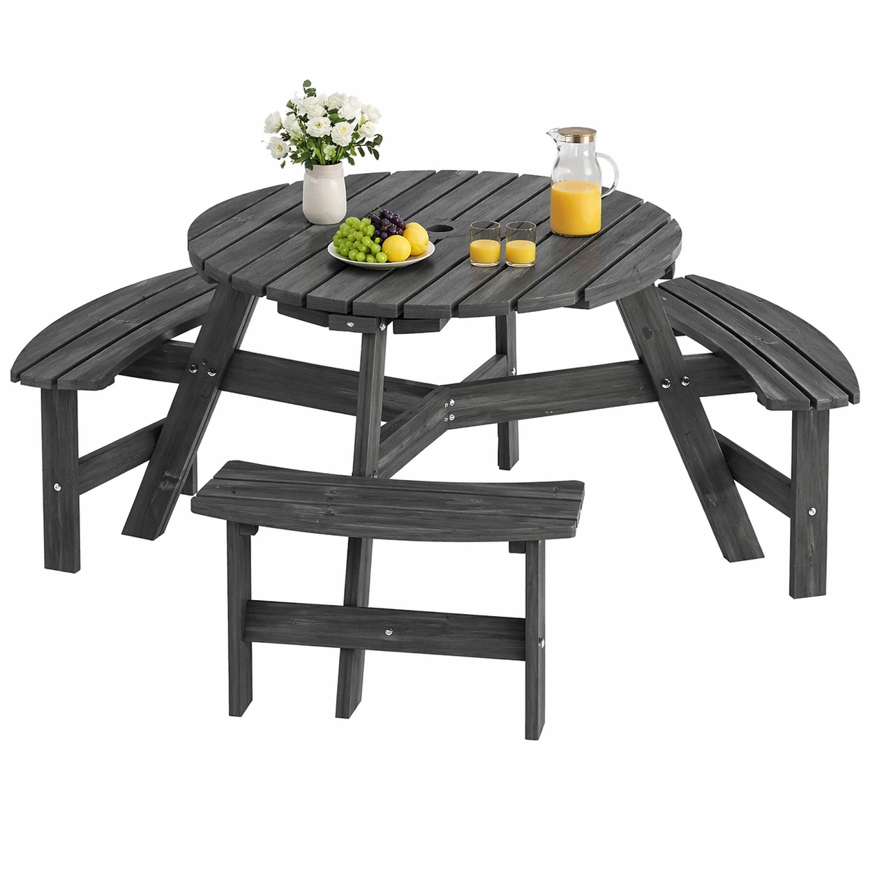 Runder Picknicktisch mit 3 integrierten Baenken, Holz Gartentisch fuer 6 Personen, Stabiler Outdoor Tisch mit Sonnenschirm Loch, Modernes Design, Grau-MERQIRA