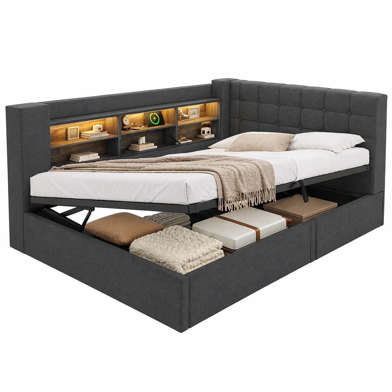 Polsterbett 140 x 190 cm mit LED Beleuchtung Hydraulischem Stauraum L Form Kopfteil mit Regalen Lattenrost Stoffbett Modern Beige-MERQIRA