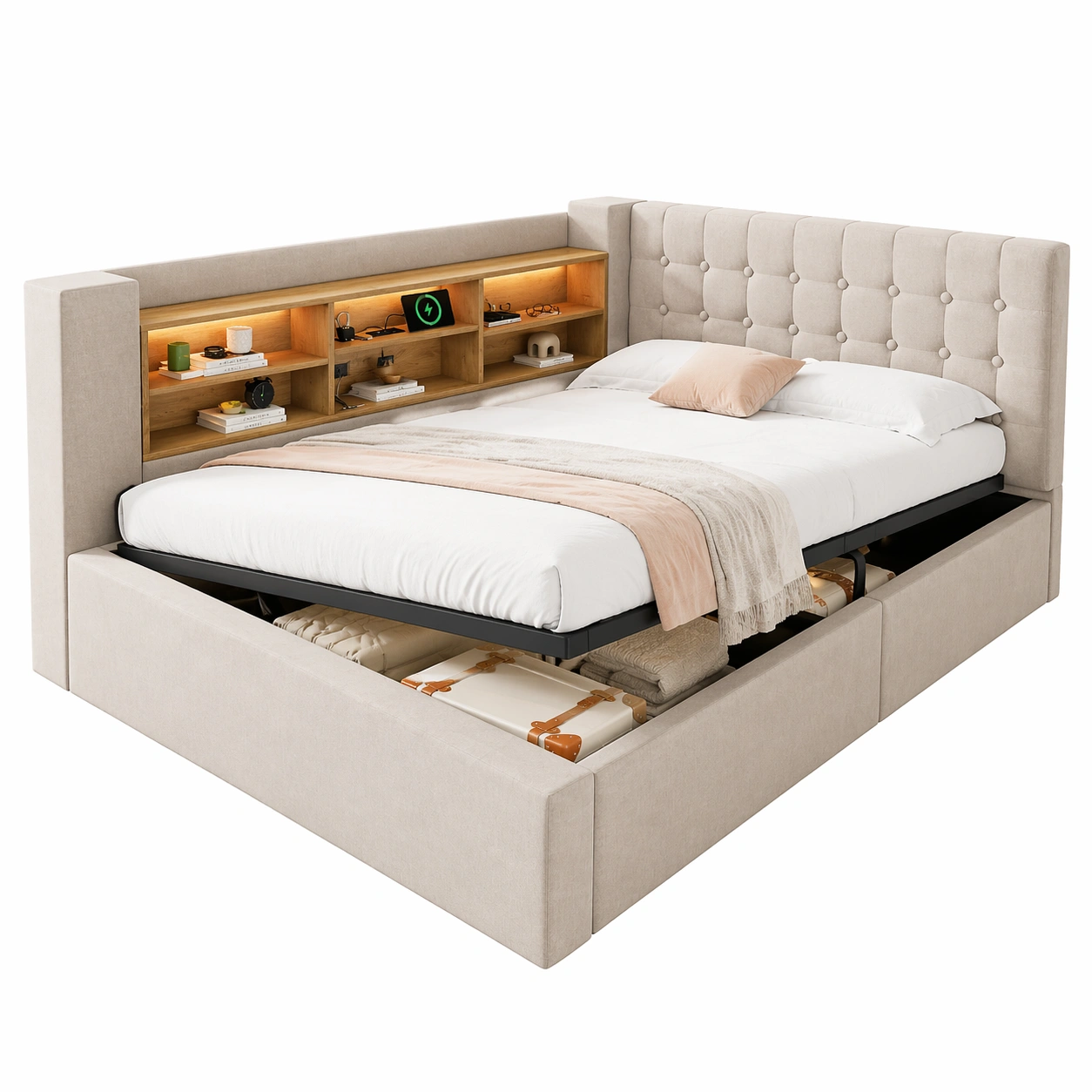 Polsterbett 140x190 cm mit LED Beleuchtung und Stauraum Modernes Bett mit L Form Kopfteil und Lattenrost-MERQIRA