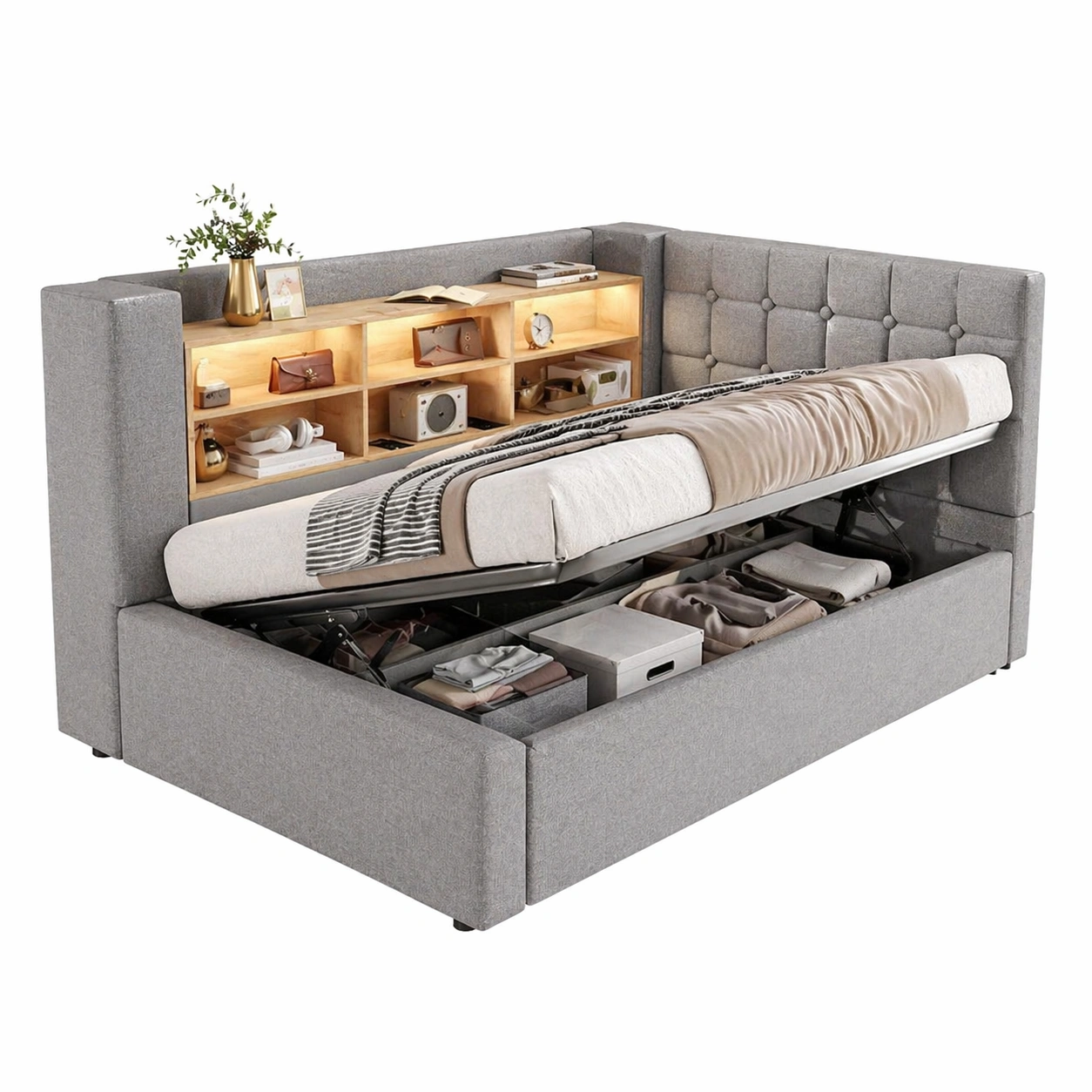 Modernes Polsterbett mit Stauraum und LED Beleuchtung 140 x 200 cm L Form Kopfteil Hydraulik Bettgestell Grau-MERQIRA