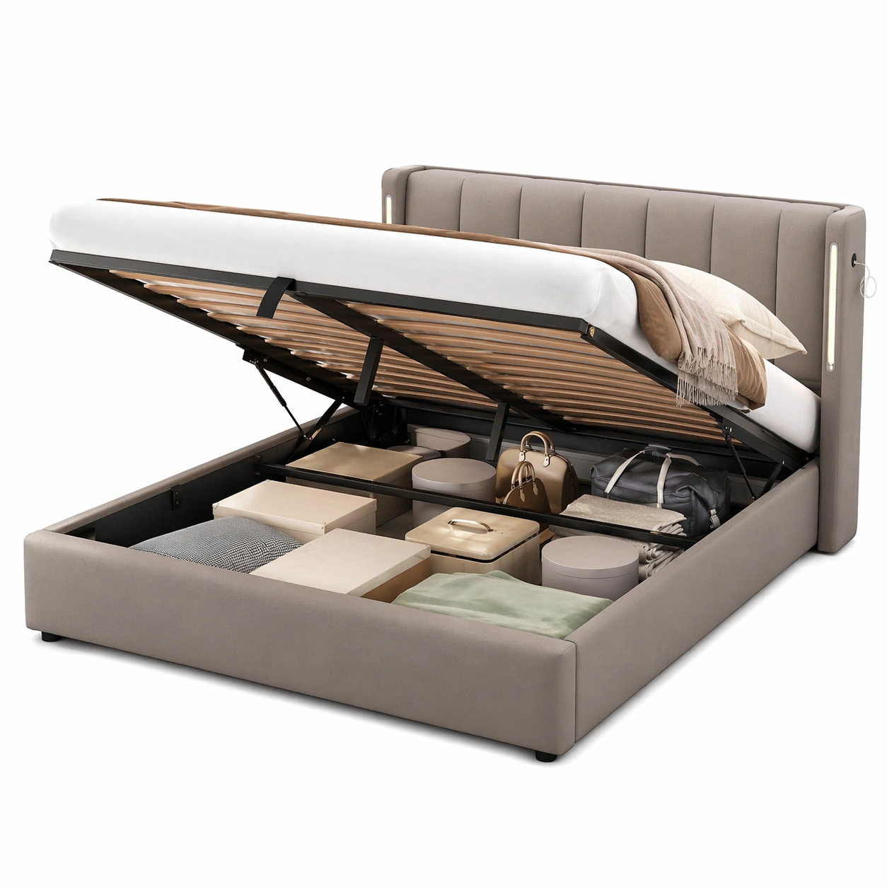 Polsterbett 140 x 190 cm mit Stauraum und LED USB Anschluss Hydraulisches Doppelbett mit Lattenrost Verstellbares Kopfteil Kunstleder Beige-MERQIRA