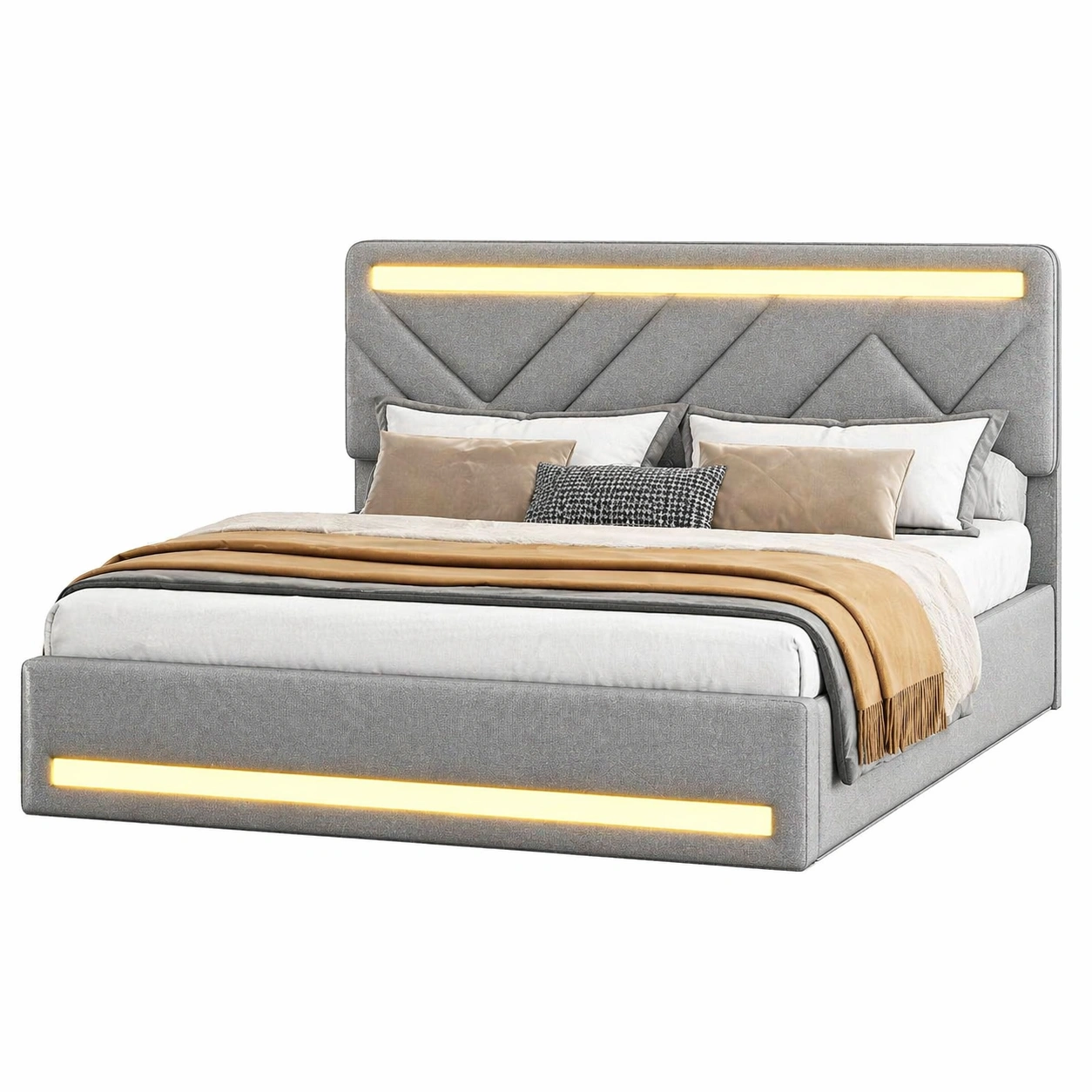 Gepolstertes LED Bett 140 x 190 cm mit Stauraum, USB Anschluss und 4 Schubladen, Modernes Stoffbett Grau-MERQIRA
