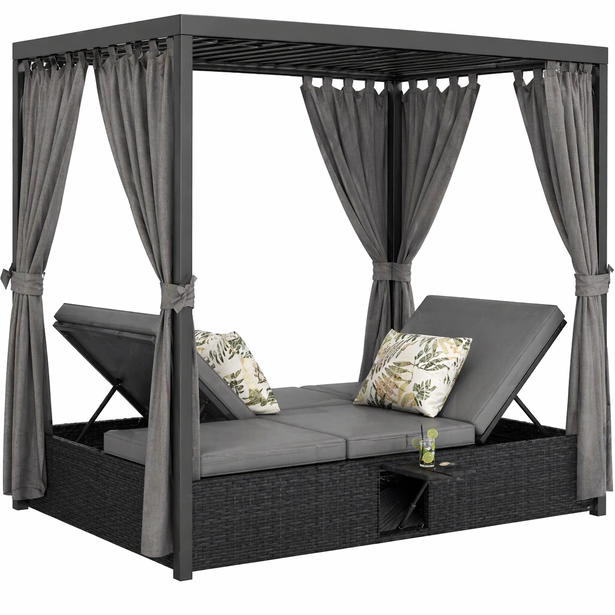 Doppel Sonnenliege mit Dach und Vorhaengen Rattan Gartenliege Outdoor Lounge Bett mit Kissen und Klapptisch Wetterfest Grau-MERQIRA