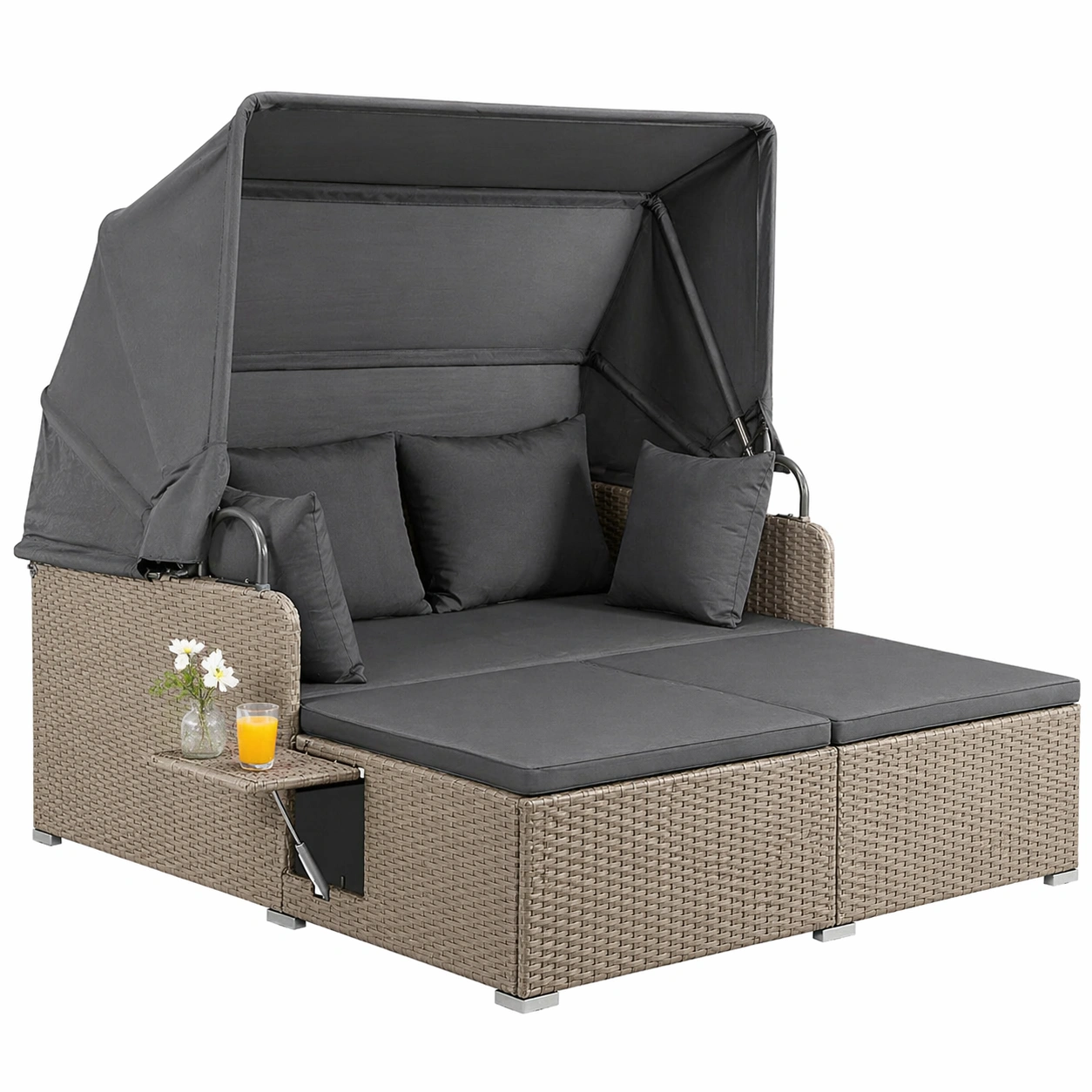 Doppel Sonnenliege Garteninsel Rattan Lounge fuer 2 Personen mit Dach und Ablage Modern Outdoor Liege-MERQIRA