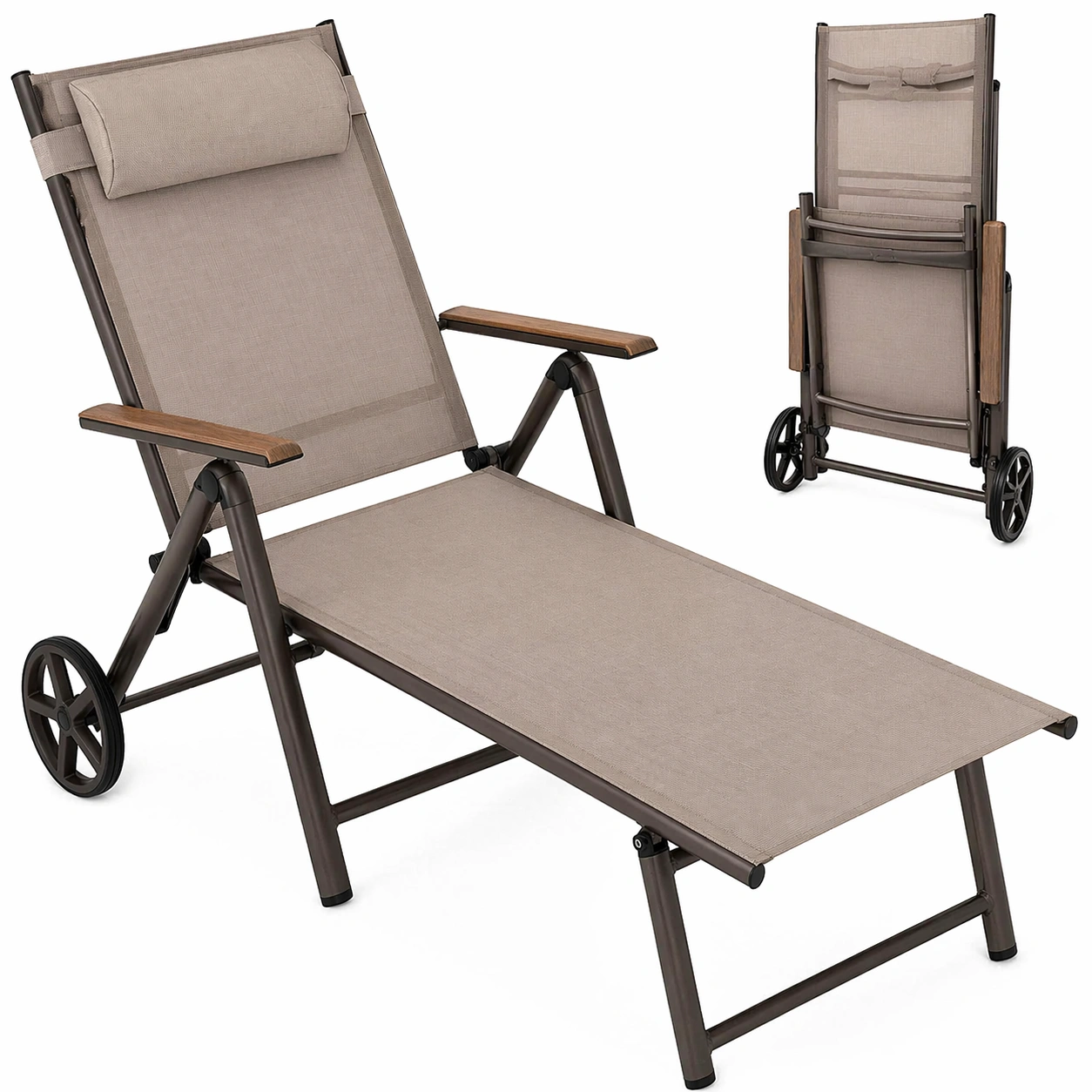 Klappbare Gartenliege mit Rollen Verstellbare Sonnenliege 7 Positionen Outdoor Relaxliege Beige-MERQIRA