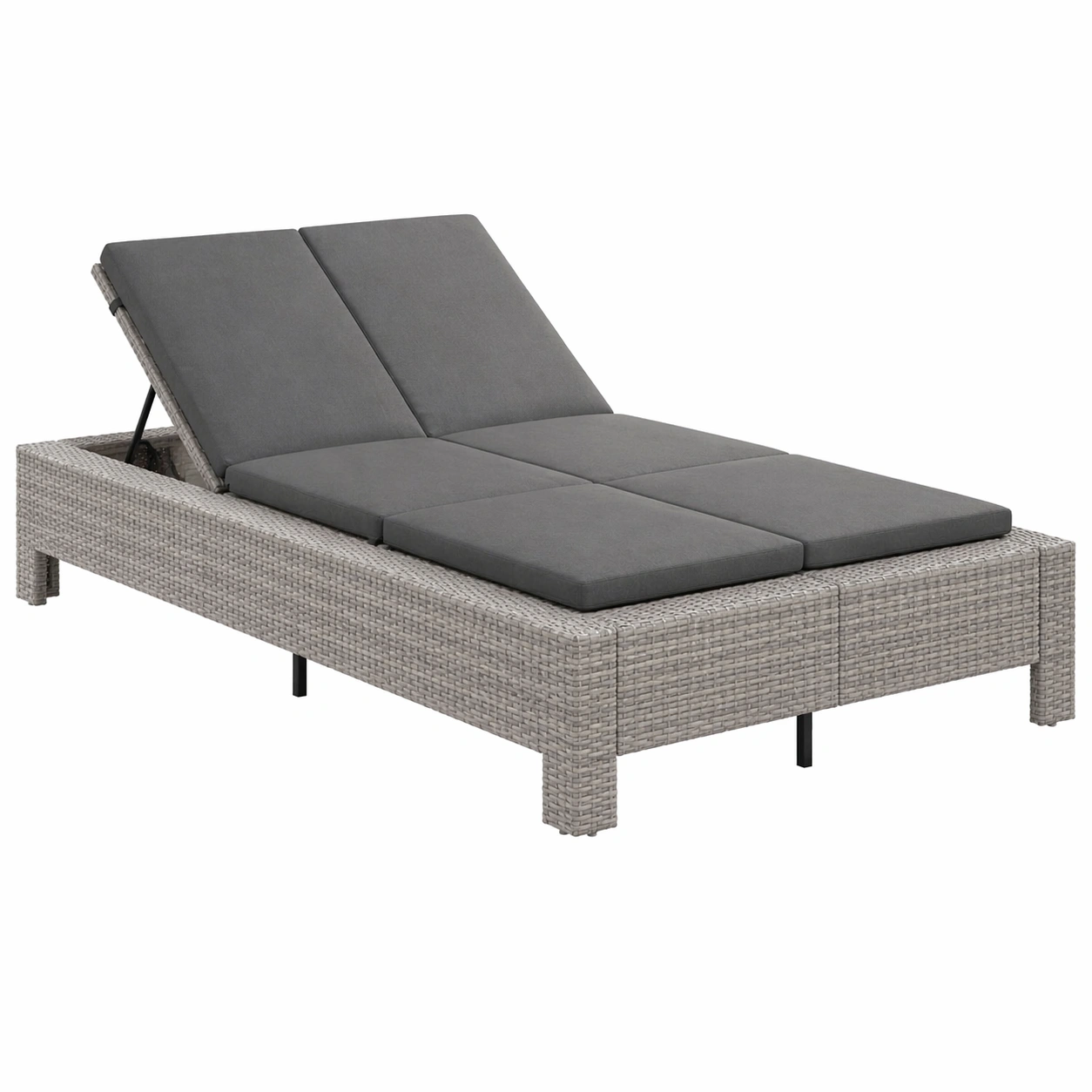 2 Sitzer Sonnenliege Gartenliege Outdoor mit Verstellbarer Rueckenlehne Polyrattan Liege mit Polster Grau-MERQIRA