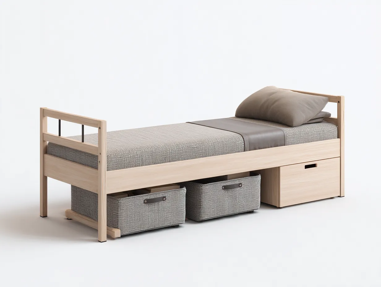 Lit simple en bois avec rangement 200x90x85 cm - Bois clair - Design fonctionnel pour chambre-Raridadecor