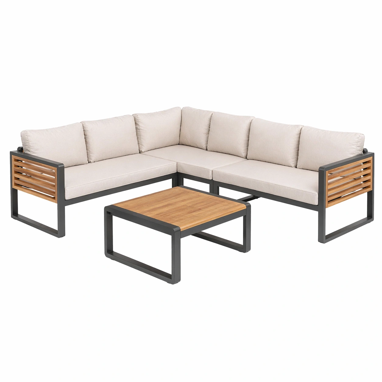 Modernes Garten Lounge Set 5 Personen mit Ecksofa und Tisch Aluminium Holzoptik Grau-rivqirarivqira