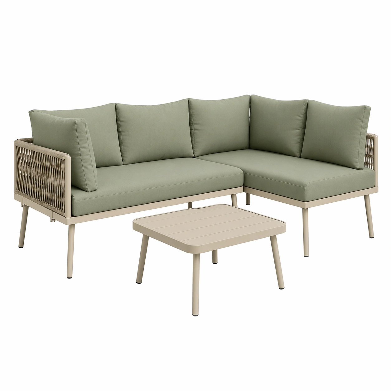 Moderner L Form Gartenlounge Set 4 Personen mit Tisch und Polstern Beige Gruen-rivqirarivqira