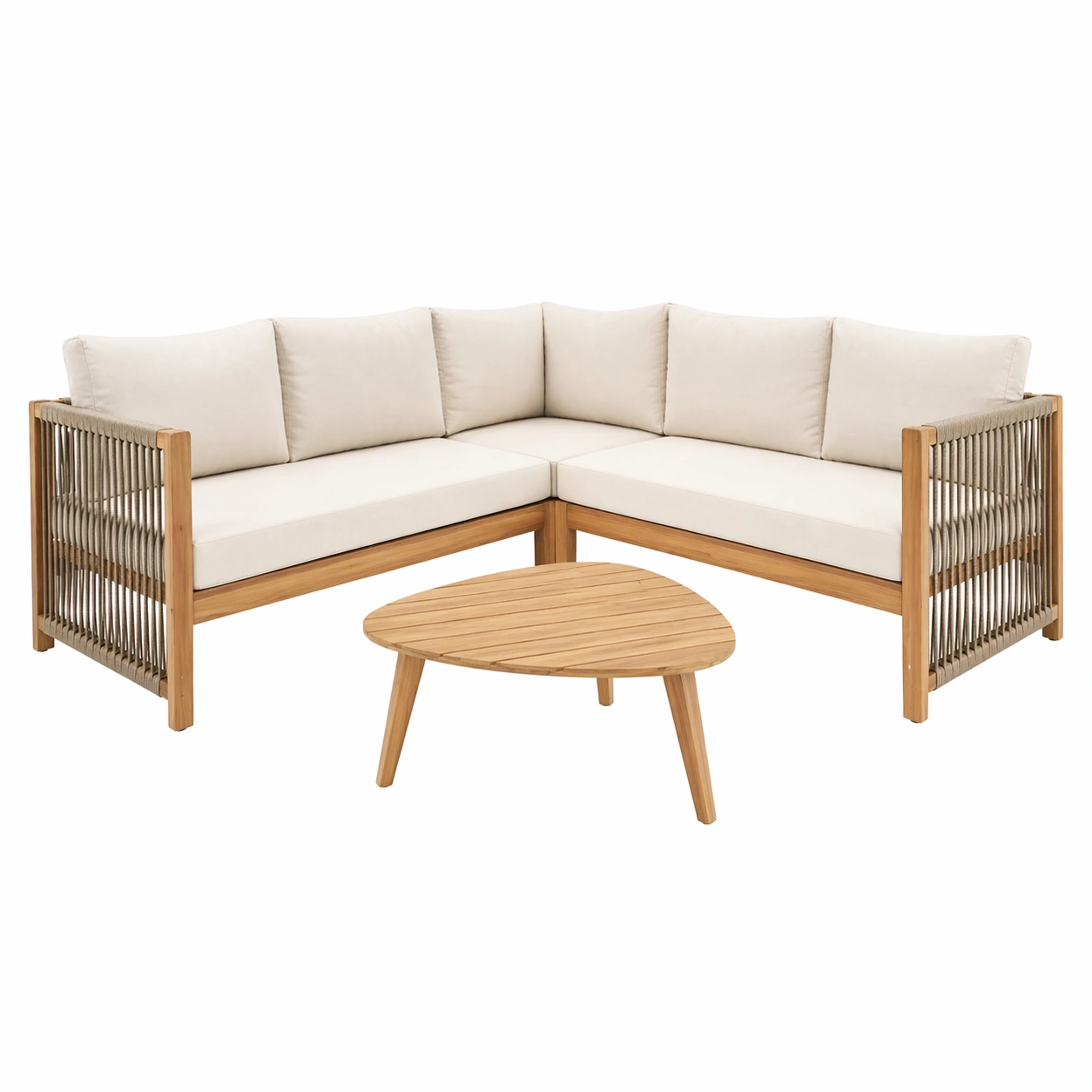 Garten Lounge Sofa Set L Form mit Tisch Holz Seil Design fuer 4-6 Personen Beige-rivqirarivqira