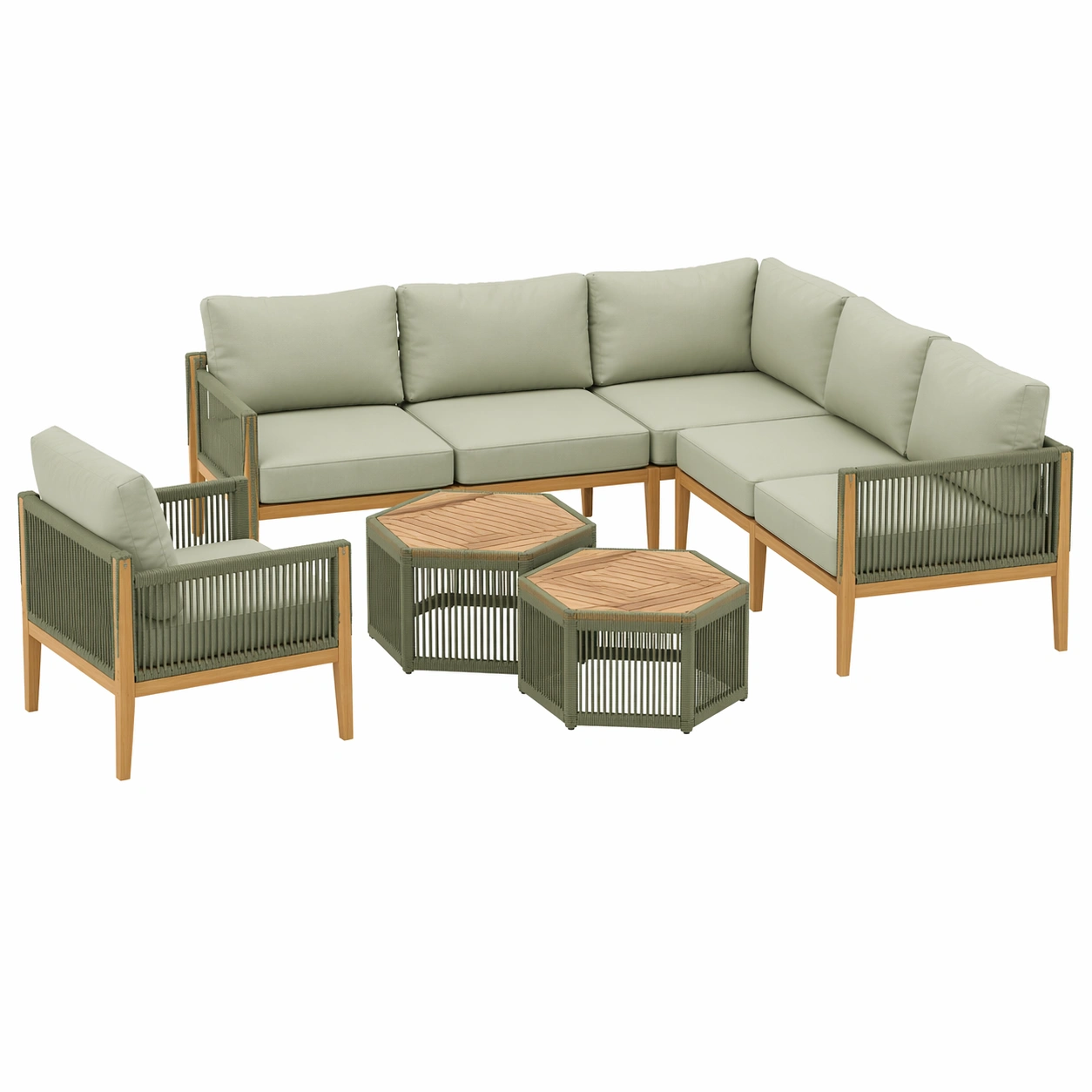 Modernes Garten Lounge Set 5 Teilig L Form Sofa Set mit Sessel und 2 Tischen Holzoptik Rahmen-rivqira