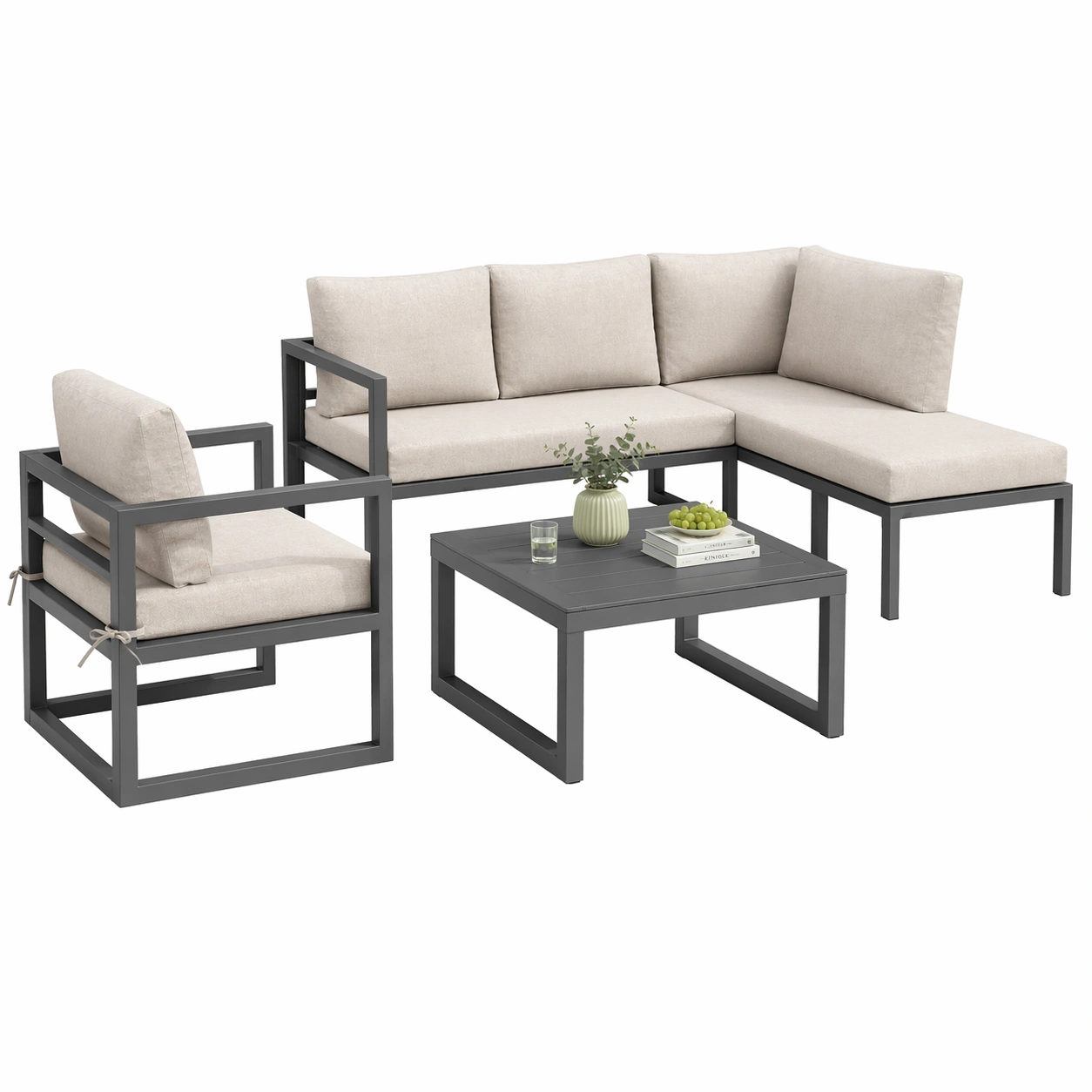 Modernes 4-Sitzer Garten Lounge Set mit Ecksofa, Sessel und Tisch – Metallrahmen – Outdoor Balkon Terrasse-rivqira