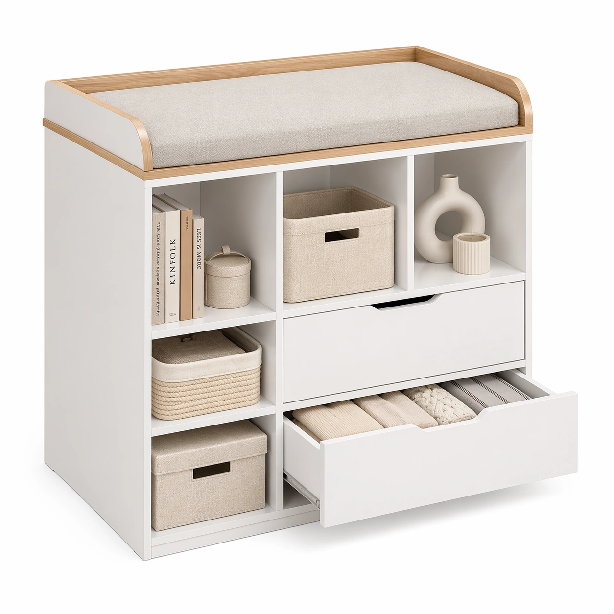 Baby Wickelkommode mit Sitzauflage, 2 Schubladen und offenen Faechern, Kompakte Wickelstation mit abnehmbarer Auflage, fuer Babyzimmer, Holzoptik Weiss-rivqira