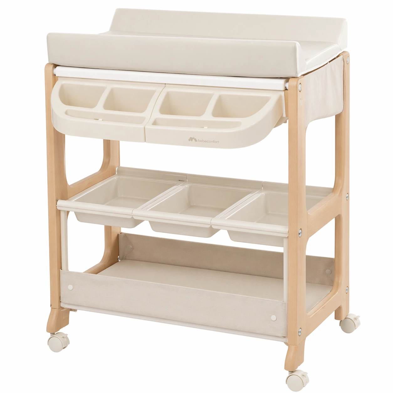 Baby Wickelkommode mit Badewanne und 3 Ebenen, Wickeltisch mit Rollen und Aufbewahrungsfaechern, gepolsterte Wickelauflage, platzsparend und mobil-rivqira