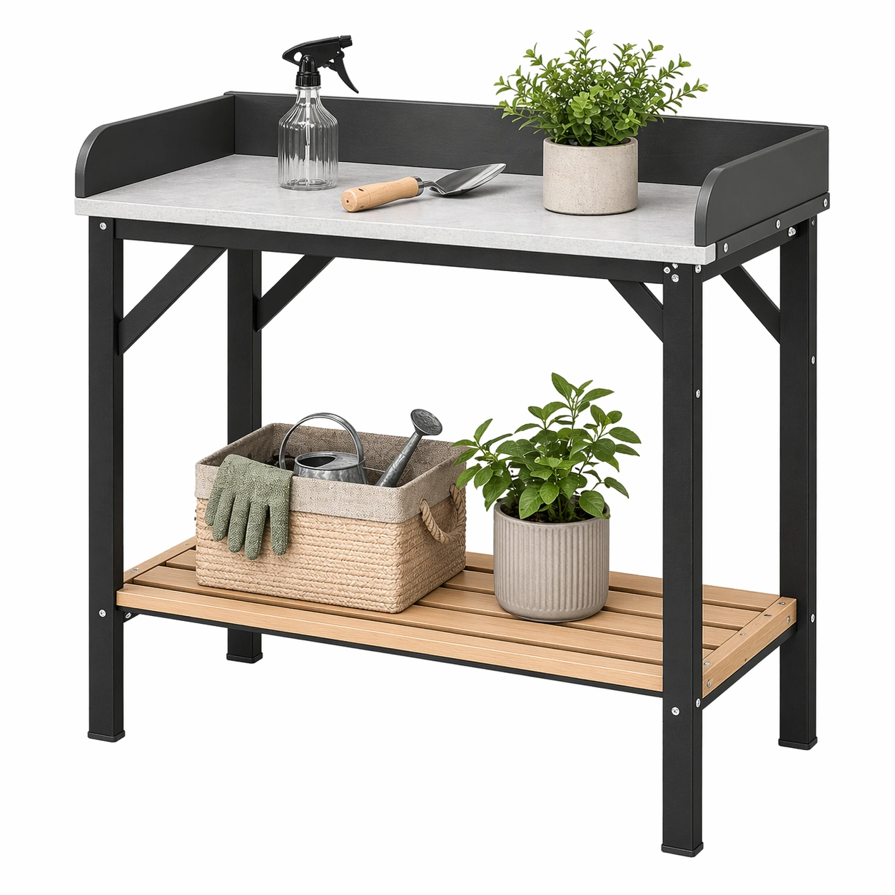 Garten Pflanztisch 2 Ebenen mit Metall Arbeitsplatte, Pflanzstation mit Ablage fuer Balkon Terrasse Garten, Stabiler Blumentisch Holzoptik Braun-rivqira
