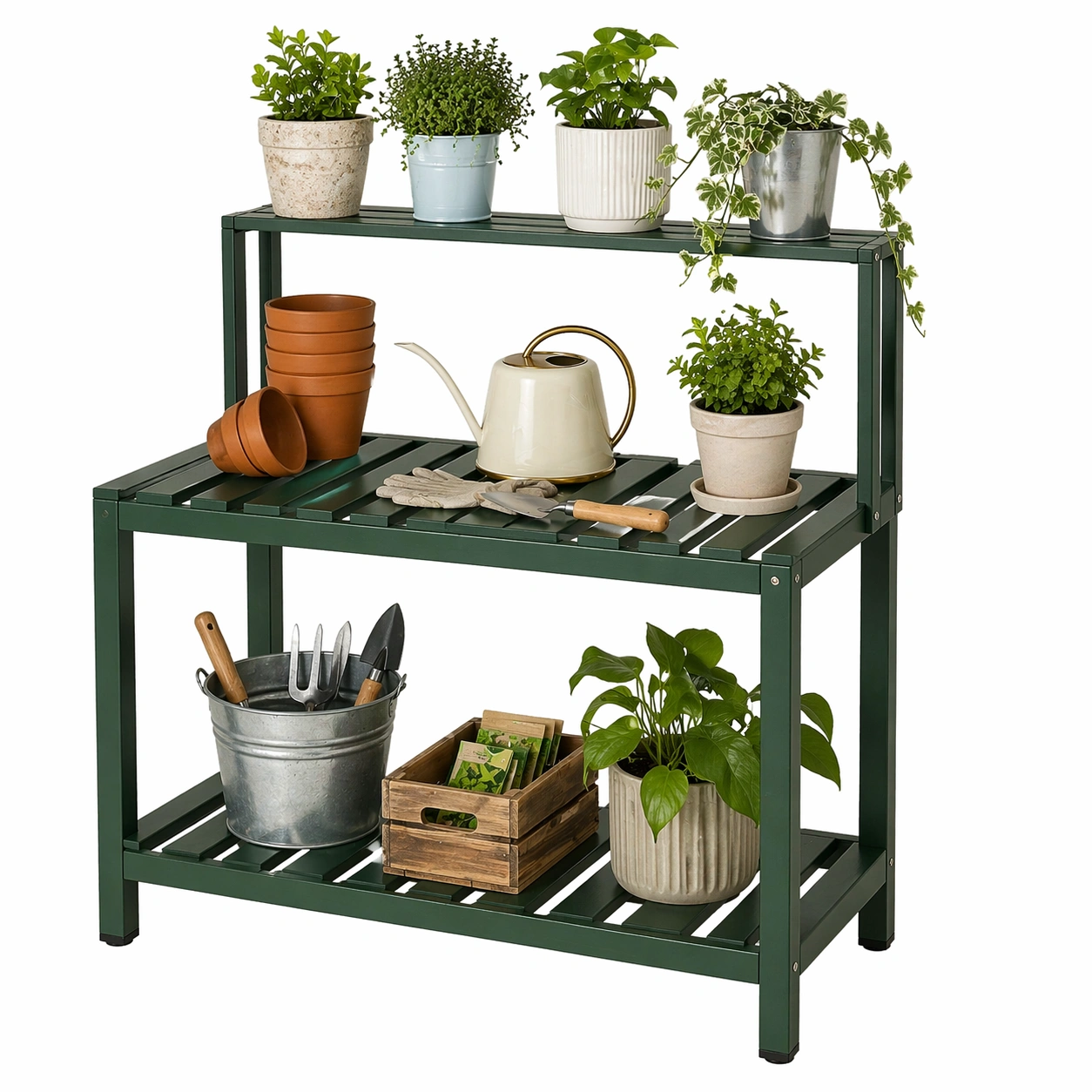 Pflanztisch Gartenregal 3 Ebenen Pflanzstation Metall Outdoor Arbeitstisch fuer Garten Balkon Terrasse Gruen-rivqira