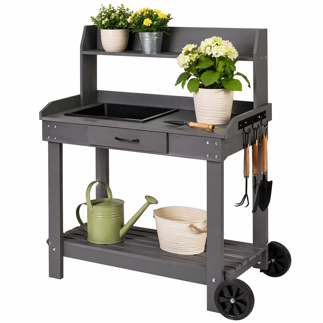 Pflanztisch mit Rollen und Arbeitsflaeche, Garten Arbeitstisch mit Schublade und Ablage, Stabil und Mobil, Grau Holz Optik-rivqira