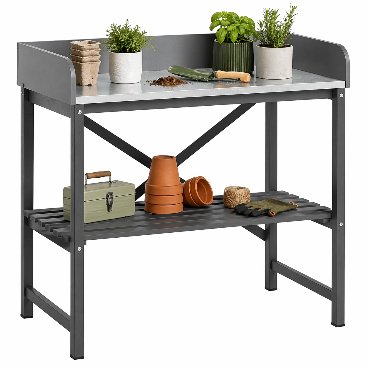 Klappbarer Pflanztisch Gartentisch mit Metallarbeitsplatte 2 Ablagen stabil fuer Garten Balkon Terrasse Grau-rivqira