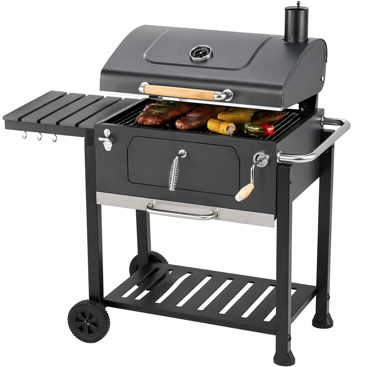 Holzkohlegrill BBQ Grillwagen mit Deckel und Thermometer, Grillflaeche 59 x 42 cm, Mobiler Standgrill mit Ablage und Seitenablage, Garten Grill Schwarz-rivqira