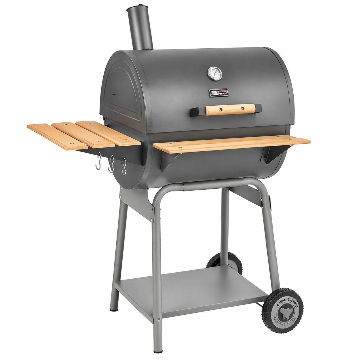 Holzkohle Grillwagen 24 Zoll mit Deckelthermometer, Frontablage und Seitenablage aus Holz, BBQ Grill fuer Garten Terrasse Balkon-rivqira